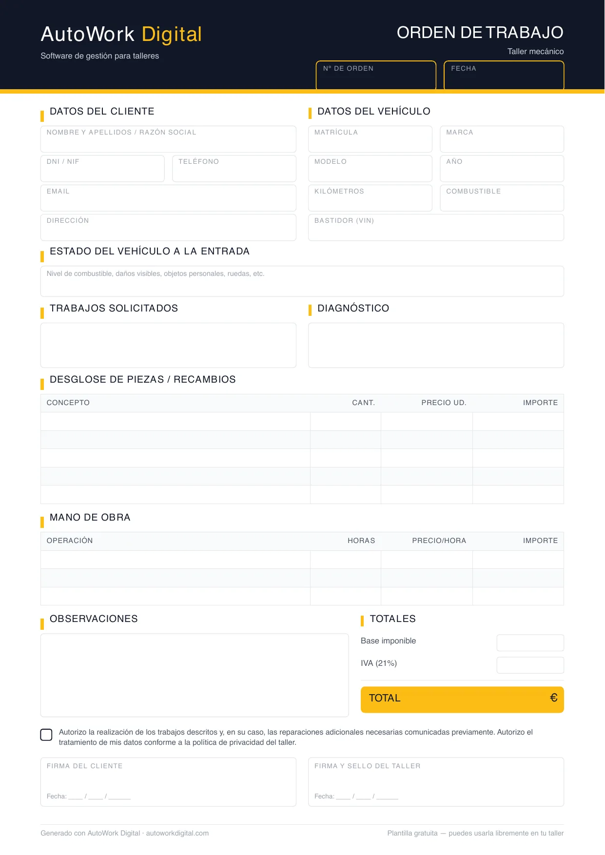 Vista previa de la plantilla de orden de trabajo para taller mecánico de AutoWork Digital, con campos de cliente, vehículo, piezas, mano de obra y totales.